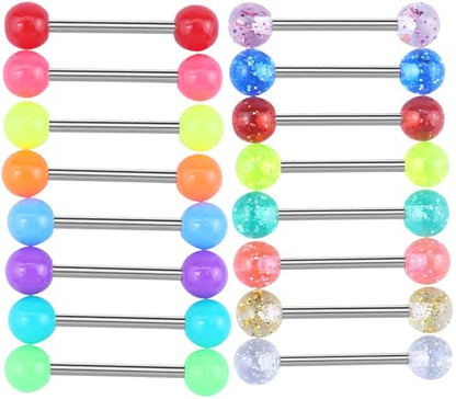 12/16/24Pcs Tongue Rings for Women Candy Color Ball Tongue Nipple Piercing 14G Surgical Steel Barbell Tongue Retainer Body Jewelry Bar Length 16mm - style: Colorful-16Pcs