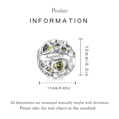 925 Sterling Silver Lucky Clover Birthstone Charms for Bracelets Dangle Pendant with 5A Cubic Zirconia Compatible Pandora Bracelets, Ladies Birthday Gift - style: 8-August