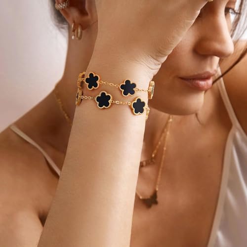 Women Gold Bracelets Jewelry Set - 3Pcs 18K Gold Plated Floral Bracelet,Stainless Steel Charm Bracelet Non-Tarnish,Adjustable Lucky Chain Trendy Gift,Christmas Valentines Birthday Gifts for Girlfriend - style: Black-2pcs
