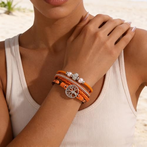 hotoo Leather Wrap Bracelets for Women Tree of Life Cuff Bracelets Pearl Rhinestone Bead Multi-Layer Bracelets Bohemian Jewelry Gift for Women - color: Orange
