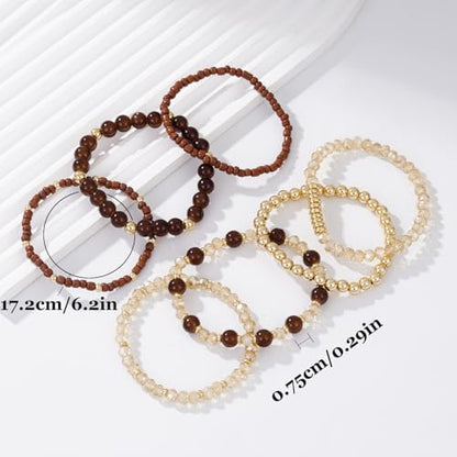Boho Beaded Stretch Bracelets For Women Stackable Crystal Gold Plated Beaded Bracelets Set Trendy Handmade Friendship Braeclet Jewelry Gifts - color: A-Brown Set
