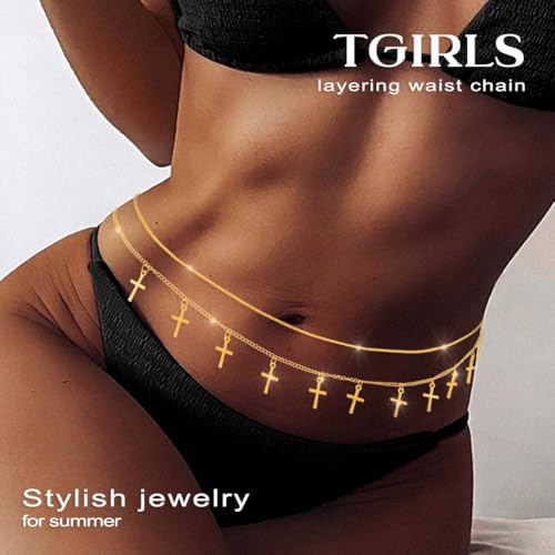 Tgirls Gold Waist Chain for Women Rhinestone Layered Belly Chains Beads Body Chain Heart-Shaped Beach Body Jewelry for Summer - style: Cross