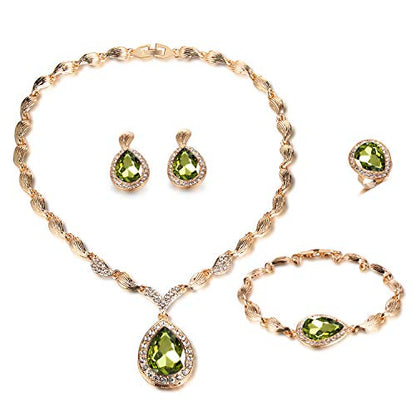 Womens Luxury Africa Dubai 18k Gold Plated Jewelry Sets Wedding Rhinestone Crystal Bib Statement Necklace Earrings Set for Brides Party Prom - color: Green