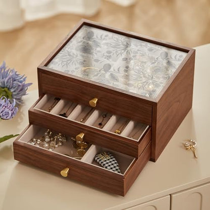 Black Walnut Wooden Women Jewelry Box with Glass Lid, 3 Layer | Blue Floral Glass Lid, Wood Drawer Jewelry Organizer for Women, For Necklaces, Watch, Ring, Earring Storage,Ideal Gift - style: 3 Layer B