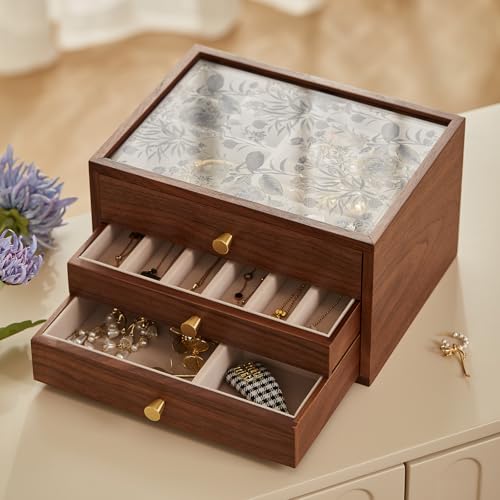 Black Walnut Wooden Women Jewelry Box with Glass Lid, 3 Layer | Blue Floral Glass Lid, Wood Drawer Jewelry Organizer for Women, For Necklaces, Watch, Ring, Earring Storage,Ideal Gift - style: 3 Layer B