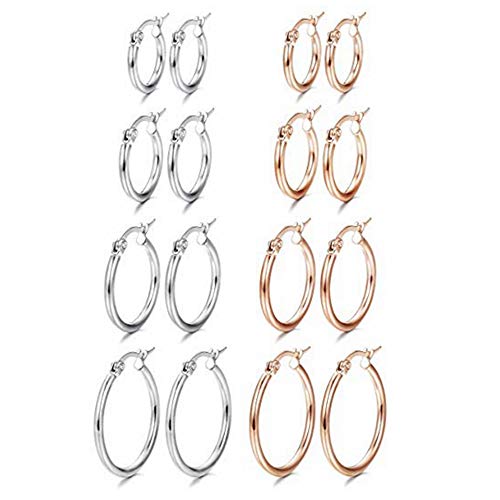 4 Pairs Stainless Steel Round Hoop Cute Huggie Earrings For Women Small Hoop Earring Set(10mm,15mm,20mm,25mm) - color: Rose Gold Tone-4Pairs,Silver Tone-4Pairs