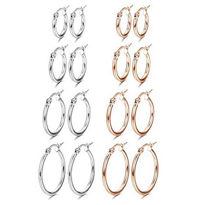 4 Pairs Stainless Steel Round Hoop Cute Huggie Earrings For Women Small Hoop Earring Set(10mm,15mm,20mm,25mm) - color: Rose Gold Tone-4Pairs,Silver Tone-4Pairs