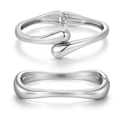 Chunky Gold Bangle Bracelets for Women Trendy 14K Gold Plated Cuff Bracelets Stack, Dainty Gold Bracelet Sets Non Tarnish Fashion Jewelry Gift - style: 2pcs-Silver-WaveTwinDrop