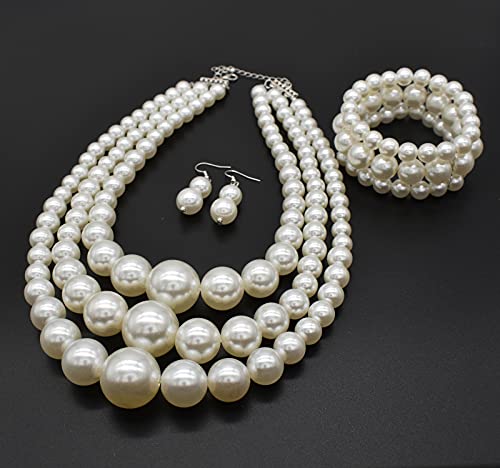 Big Chunky Pearl Necklace and Earrings Set Large Costume 1920s Faux Pearls Gatsby Accessories - color: A-White