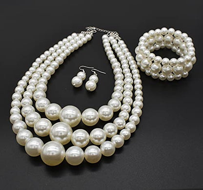 Big Chunky Pearl Necklace and Earrings Set Large Costume 1920s Faux Pearls Gatsby Accessories - color: A-White