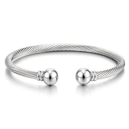 COOLSTEELANDBEYOND Elastic Adjustable Stainless Steel Cuff Bangle Bracelet for Mens Womens - color: A-Metal Color: Silver