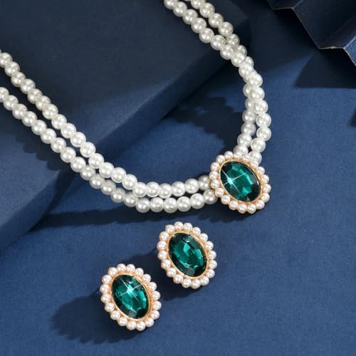 CSIYANJRY99 Pearl Necklace and Earring Set Faux Pearl Jewelry Sets for Women Imitation Beaded Pearl Necklace Bracelet Stud Earrings for Women - color: Green Zircon Pearl Set