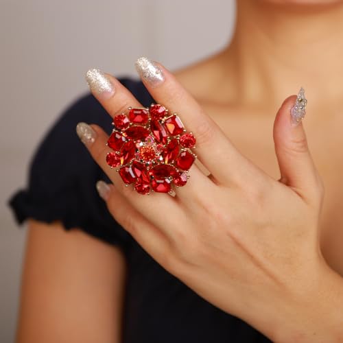 Xerling Red Rhinestone Big Flower Rings Women Crystal Cocktail Party Rings Bridal Wedding Prom Ring Aesthetic Costume Rings for Teens - color: Red