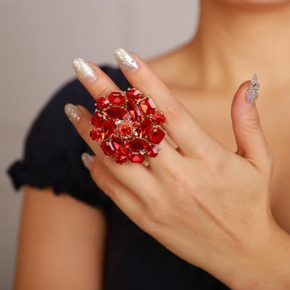 Xerling Red Rhinestone Big Flower Rings Women Crystal Cocktail Party Rings Bridal Wedding Prom Ring Aesthetic Costume Rings for Teens - color: Red