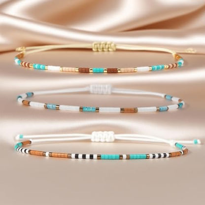 Seed Beaded String Rope Adjustable Bracelets Set for Women Men, Small Colorful Boho Rice 3Pcs Stack Handmade Thin Jewelry, Daily Beach Vacation Friendship Gift - color: Brown Green A