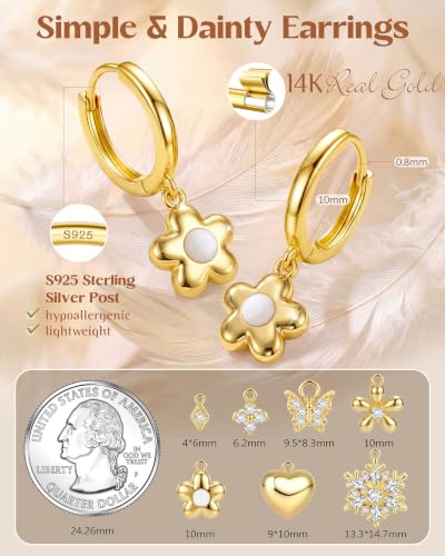 FIBO STEEL 14K Gold Plated Hoop Earrings with Charms for Women Huggie Hoops | Hypoallergenic 925 Sterling Silver Post Dangle Earrings Small Silver Gold Hoops Earring Cubic Zirconia Dangle Drop Jewelry - color: Flower- 14K Gold Plated