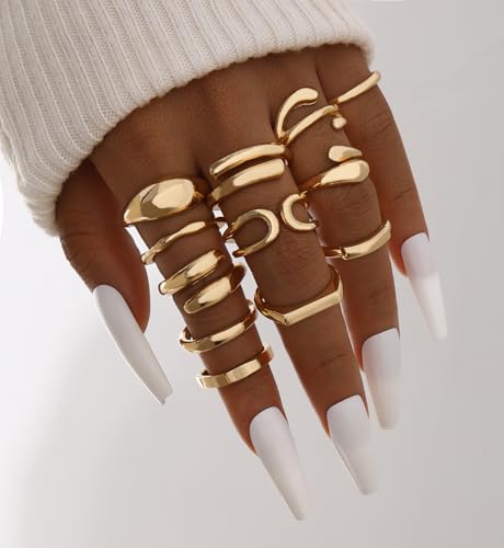 iF YOU 25 Pcs Gold Stackable Ring Set for Women, Chunky Knuckle Finger Midi Rings, Silver Simple Stacking Cute Rings Pack Trendy Stuff Jewelry Gift - style: 12 Chunky gold rings