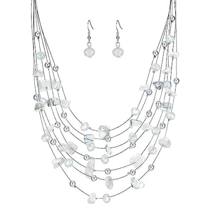 Multi-Layer Boho Shell Beaded Necklace for Women Colorful Crystal Strand with Silver Beads Statement Collars Necklace and Earrings Costumes Jewelry Sets for Women - color: 48-White