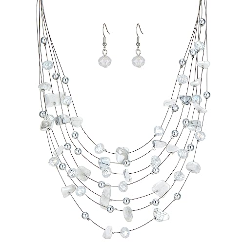 Multi-Layer Boho Shell Beaded Necklace for Women Colorful Crystal Strand with Silver Beads Statement Collars Necklace and Earrings Costumes Jewelry Sets for Women - color: 48-White