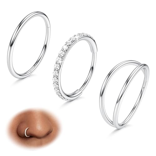 BodyBonita 3pcs Nose Rings Hoops - Double Hoop Nose Ring 14/16/18/20G Hinged CZ Piercing Jewelry Septum Clicker Rings Cartilage Earring Helix Rook Tragus Daith 7mm/8mm/9mm/10mm - color: Silver, size: 20 gauge-7mm