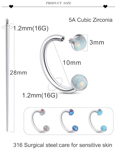 16G Horseshoe Septum Nose Ring Piercing Jewelry Stainless Steel Internal Thread Circular Barbell Daith Rook Earring Snake Bite Lip Ring Piercing Jewelry for Women Men 16 Gauge Opal Silver - style: 16G, 10mm, Inlay Opal
