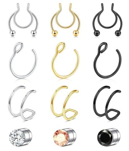 D.Bella Fake Septum Hoop 20G Faux Nose Piercing Hoop Clip on Nose Rings Non Piercing Fake Septum Lip Ear Ring Faux Body Piercing Jewelry for Women Men - color: Color E