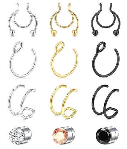 D.Bella Fake Septum Hoop 20G Faux Nose Piercing Hoop Clip on Nose Rings Non Piercing Fake Septum Lip Ear Ring Faux Body Piercing Jewelry for Women Men - color: Color E