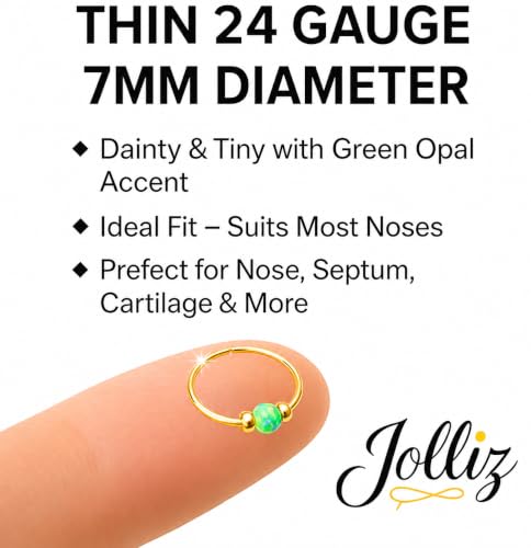 Jolliz Opal Nose Rings Hoops – 24 Gauge Classic Design, Elegant Nose Rings for Women & hypoallergenic Nose Piercings Jewelry Perfect for Any Occasion with Comfortable Fit - color: Green Opal Gold