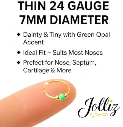 Jolliz Opal Nose Rings Hoops – 24 Gauge Classic Design, Elegant Nose Rings for Women & hypoallergenic Nose Piercings Jewelry Perfect for Any Occasion with Comfortable Fit - color: Green Opal Gold