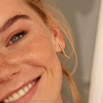 Dremmy Studios Dainty CZ Huggie Hoop Earrings 14K Gold Plated Chunky Simple Cute Thick Round Frill Bead Ball Starburst Cuff Earrings Cubic Zirconia Hoop Earrings Minimalist Personalized Gift for Her - color: Fangs