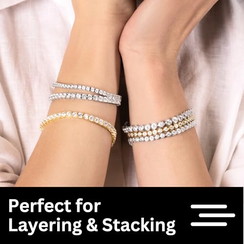 KISPER Tennis Bracelets for Women Gold Plated Round Cut CZ | 5A cubic zirconia simulated diamonds, 3mm & 4mm, 6.5-7.5 inches, box clasp, tarnish resistant, waterproof - color: White Gold