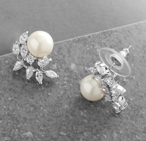 Mariell Pearl & Marquise CZ Crystal Wedding Earrings for Bride, Bridesmaids & Mother of the Bride - color: Silver