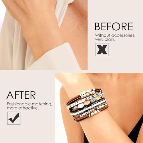 Leather Wrap Bracelets for Women, Boho Leopard Multi-Layer Crystal Beads Cuff Jewelry - color: J-Warp-026