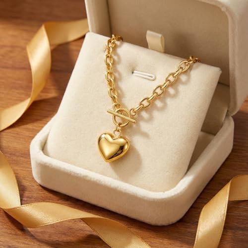 18K Gold Plated Chunky Link Chain Heart Pendant Jewelry for Women, Fashion Statement Accessory, Birthday Gift for Her - color: Gold-Necklace