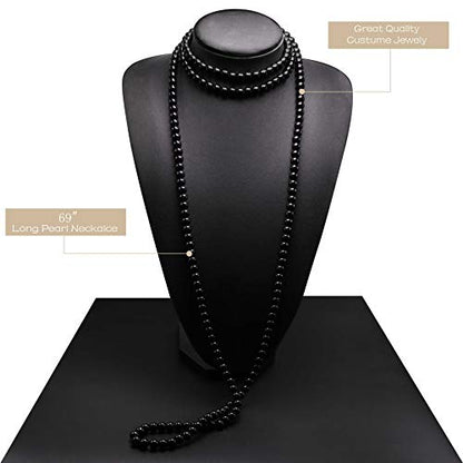 Long Pearl Necklaces for Women Cream White Faux Pearl Strand Layered Necklace Costume Jewelry - color: Black
