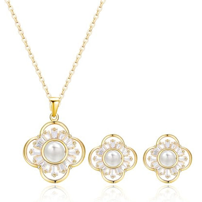 14K Gold Plated | 14K Platinum Plated Necklace for Women Necklace Earrings Set with Sparkling Zircon Inlay and Silver Post Earrings - color: Pearl flower gold suit
