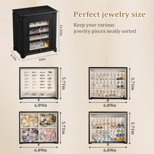 Large Jewelry Box & Organizer for Women, Wooden Jewelry Storage with 4 Transparent Drawers, Holds Necklaces, Rings, Bracelets, Earrings and Watches(Black) - color: Black