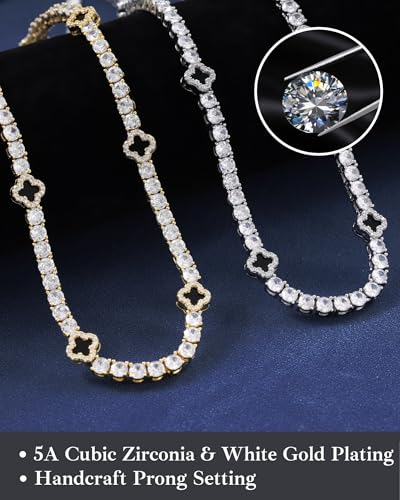 LuxeFlex 4mm Iced Out Four Leaf Tennis Chain,White Gold Plated with 5A Zircon Stones, exquisite Handmade Hip Hop Bling Necklace Perfect Unisex Jewelry Gift - color: Gold, size: 16 INCH