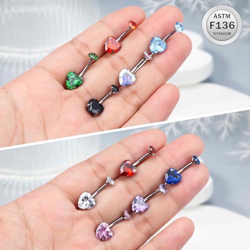 ASTM F136 Titanium Belly Button Rings 14G CZ Heart Belly Navel Rings 10mm Bar Body Piercing Jewelry Navel Ring With 1PCS Curved Piercing Taper - color: Red CZ
