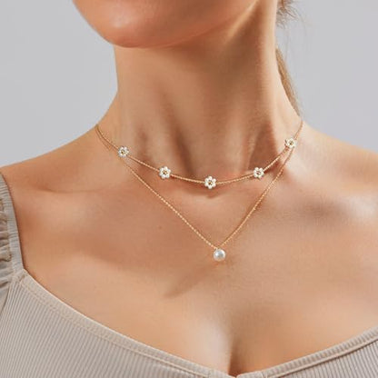 Zeffy Gold Pearl Necklace for Women, Dainty 14K Gold/Silve Plated Layered Pearl Choker Pearl Earrings Pearl Bracelets Wedding Trendy Gold Jewelry Set for Women Gifts - style: Gold Pearl Daisy Necklace-2PCS