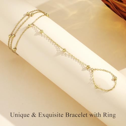 Emibele Gold Bracelets for Women, 18K Gold Plated Hand Chain, Cubic Zirconia Stainless Steel Non Tarnish Hand Chain Bracelet with Finger Ring, Adjustable Trendy Jewelry Valentines Day Gifts for Women - style: Gold