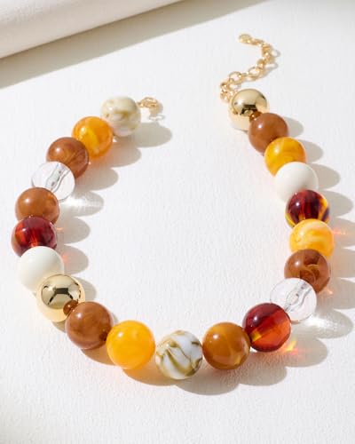 Chunky Beaded Choker Necklace for Women Boho Statement Necklace with Large Pearl Blue Brown Tone Resin Beads Summer Beach Jewelry Gifts - color: Brown