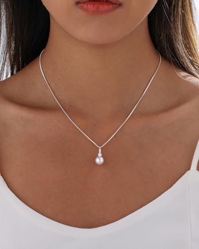 Pearl Necklaces for Women Trendy 14k Gold Plated Cubic Zirconia Pearl Pendant Necklace Valentines Day Wedding Birthday Mother's Day Gifts Dainty Gold Necklace for Women - color: Style 3 - Silver Necklace