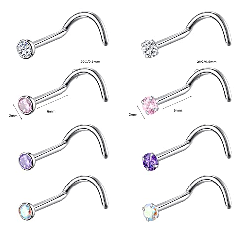 8PCS G23 Titanium Twist Screw Nose Studs 18G 20G Nose Rings 2mm 2.5mm 3mm Clear Pink Purple Aurora CZ Gold Nose Piercing Studs Nostril for Women Men - style: 20g silver mix-color cz 2mm