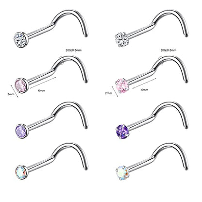 8PCS G23 Titanium Twist Screw Nose Studs 18G 20G Nose Rings 2mm 2.5mm 3mm Clear Pink Purple Aurora CZ Gold Nose Piercing Studs Nostril for Women Men - style: 20g silver mix-color cz 2mm