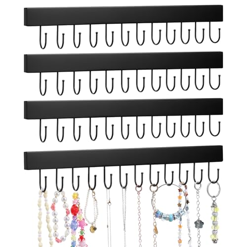 4Pack Necklace Organizer Wall Mount,Jewelry Hanger Wall Organizers | with 48 Hooks, for Necklaces, Bracelets, Earrings, Hanging, Black