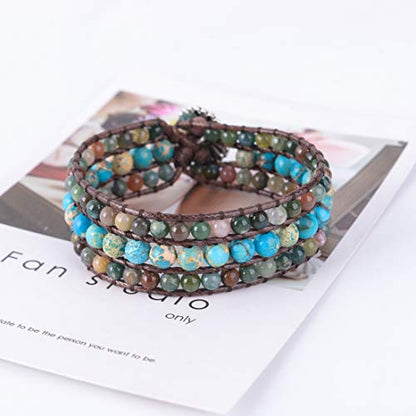 YGLINE Boho Handmade Natural Stone Bead 3 Row Wide Wrap Wrist Statment Bracelet Jewelry Collection - color: agate