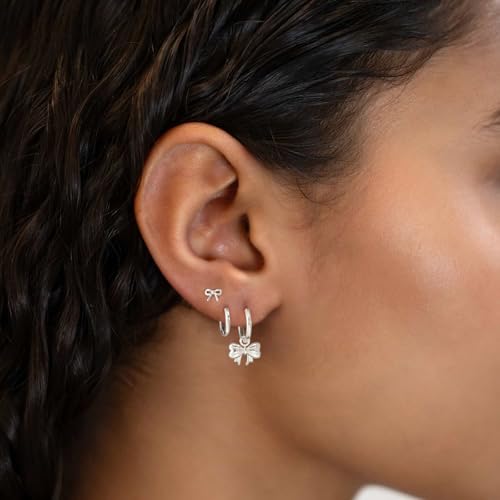 3 Pairs Earring Stacks, Gold Earring Set Jewelry Gift for Women | Small, 14K Gold/White Gold/Black/Rose Gold Plated, Hypoallergenic, Her, Everday, Stackable, Simple, 3 Holes - color: Silver-Bow