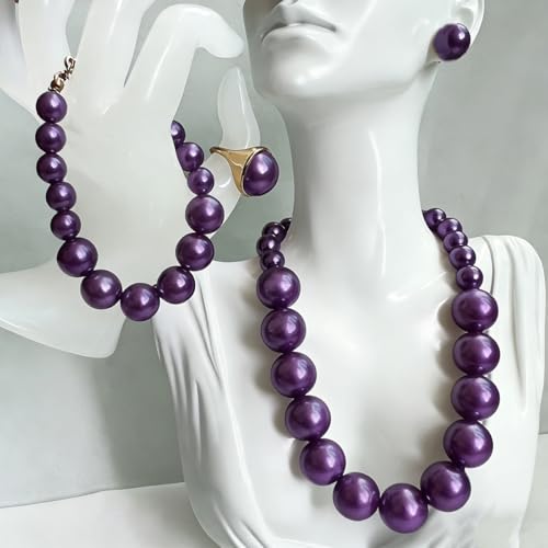 4 PCS Elegant Pearl Set Elegant Pearl Jewelry with Earrings, Pearl Choker Necklace, Bracelet and Ring, Bridal Jewelry Set for Wedding - color: Purple