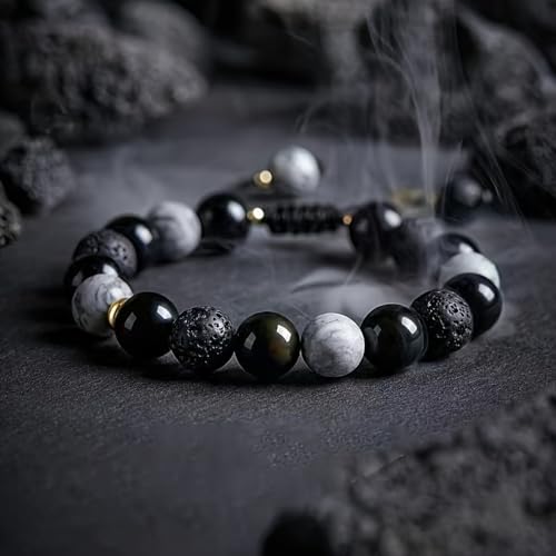 Natural Energy Stone Adjustable Bracelet Lucky Gift for Boyfriend Dad | Mixed agate/lava/picture stone, adjustable braided cord, energy protection as men’s holiday gift